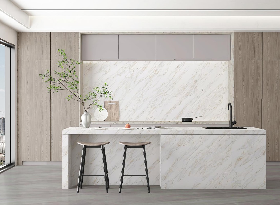calacatta gold quartz made kitchen countertops in the room