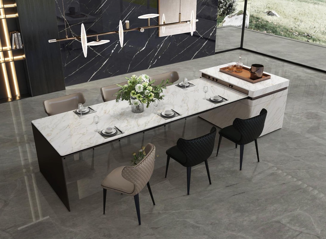 calacatta gold quartz with ethereal veil made dinning countertop in the middle of room