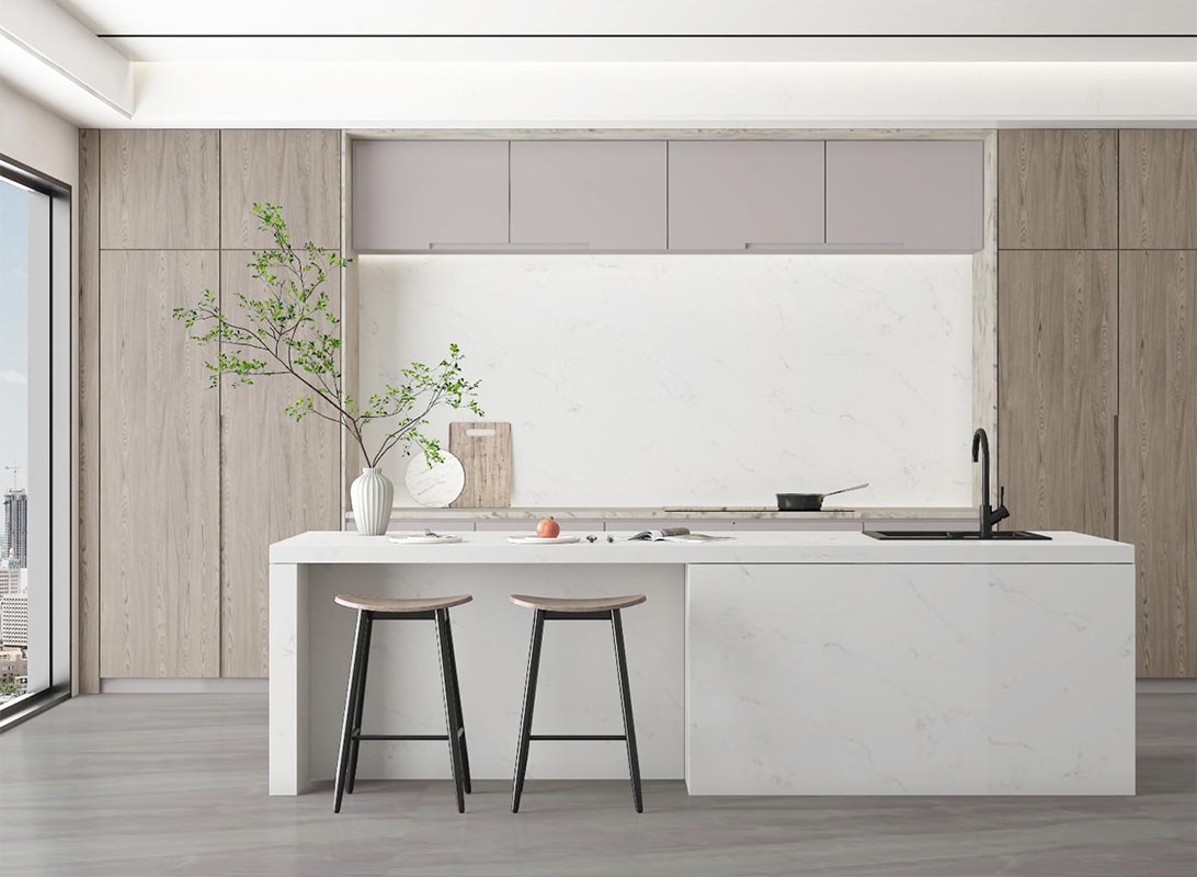 Classical Carrara White Quartz Slab HF-116 | Premium White Quartz Stone for Elegant and Durable Countertops - Image 7