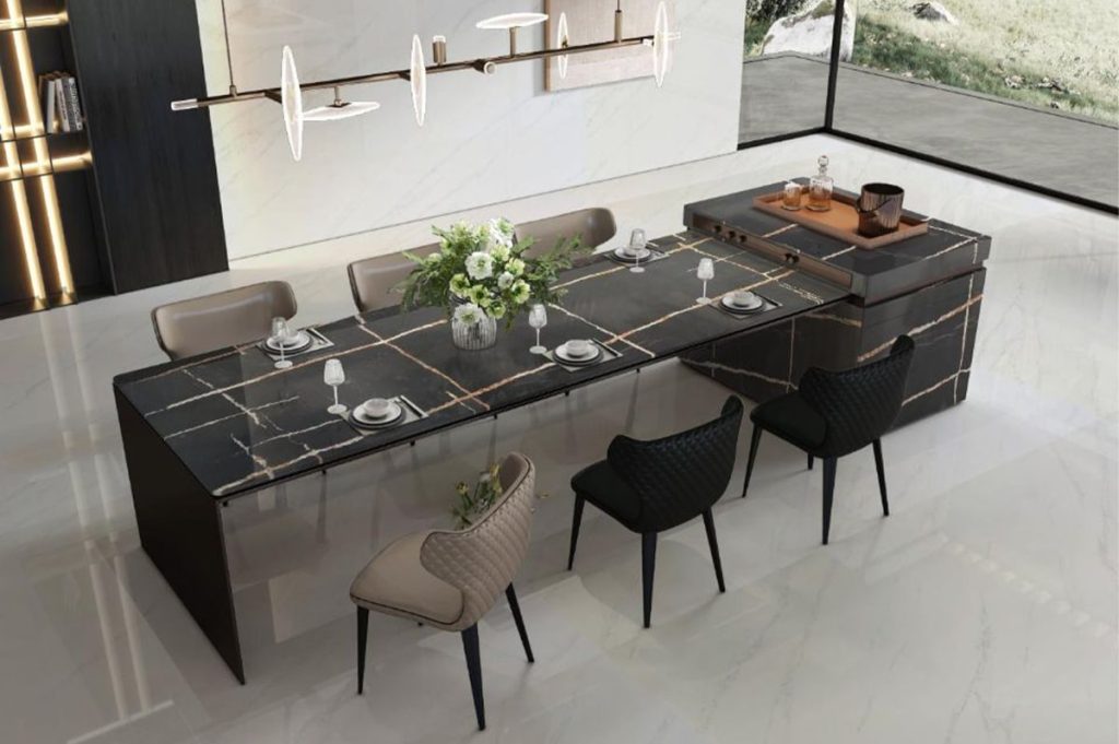 A Calacatta Nero quartz coffee table for six, showcasing bold white and gold veining on a dark background as a stunning living room centerpiece.