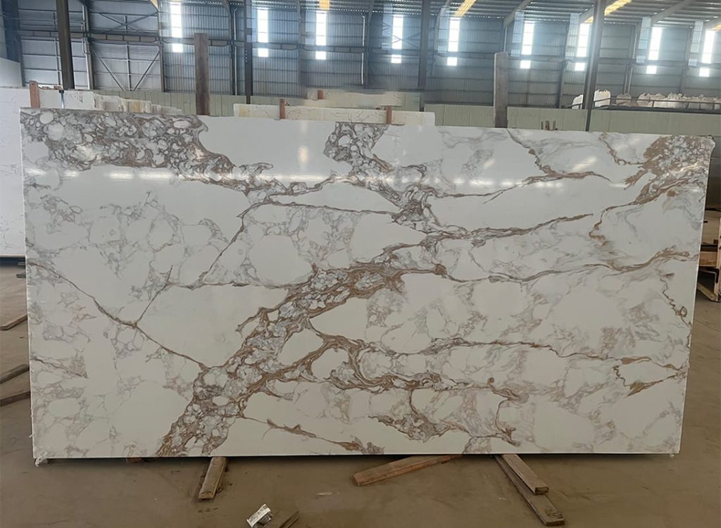Calacatta Gold Quartz Slab - White Background with Bold Gray and Gold Veining for Luxury Kitchen Countertops