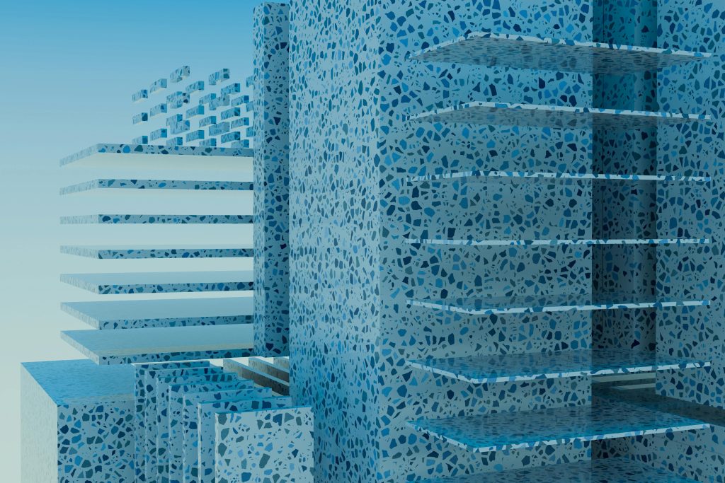 A modern abstract architectural 3D render with terrazzo pattern and layered structure.