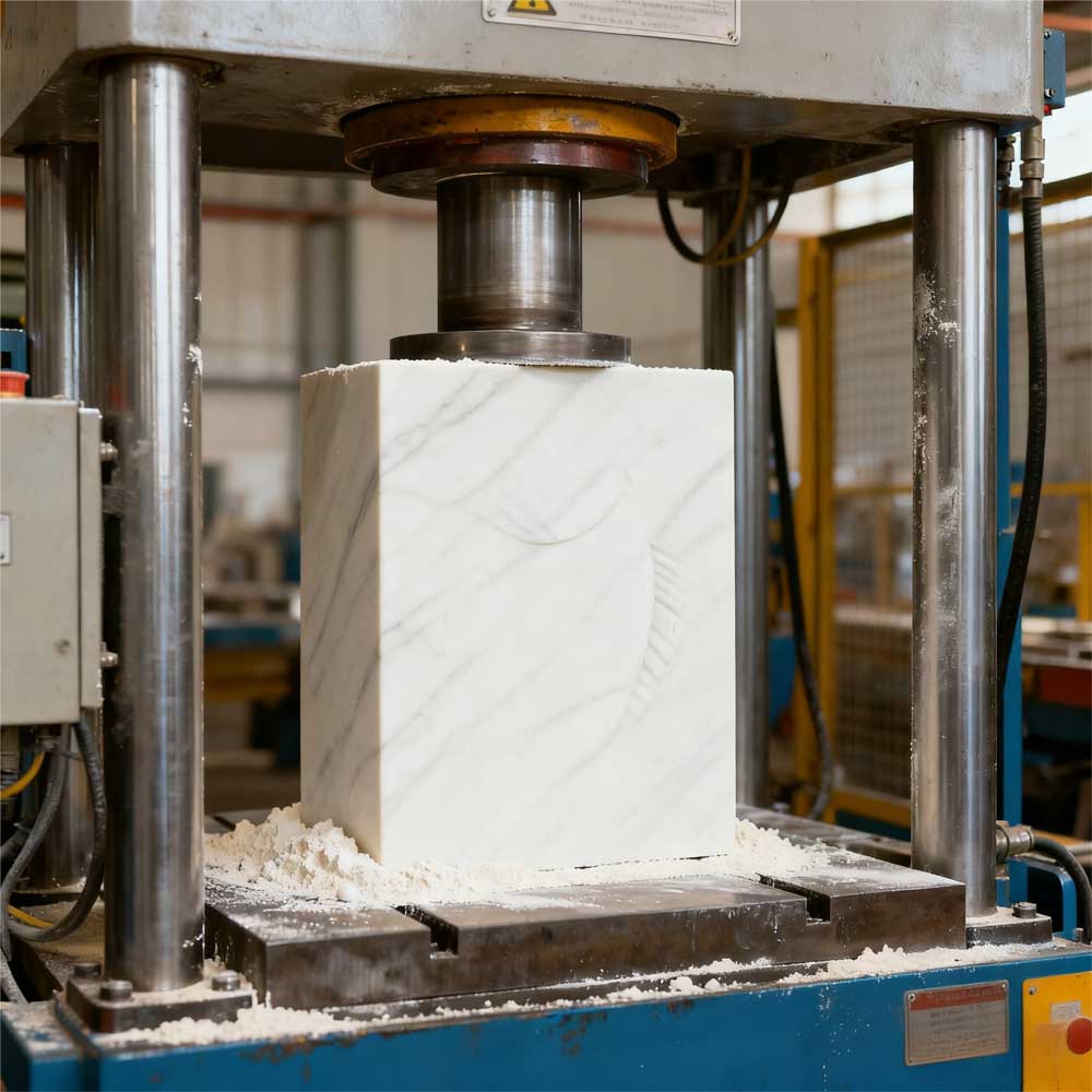 Hydraulic-press-machine-pressing-white-powder-into-raw-slab-texture-outline