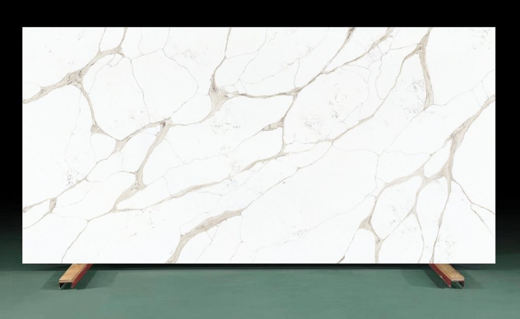 This is an actual photo of the Calacatta Gold Marble Quartz at the size of 3200mm*1600mm for designer and purchasers to have a panorama view of this product