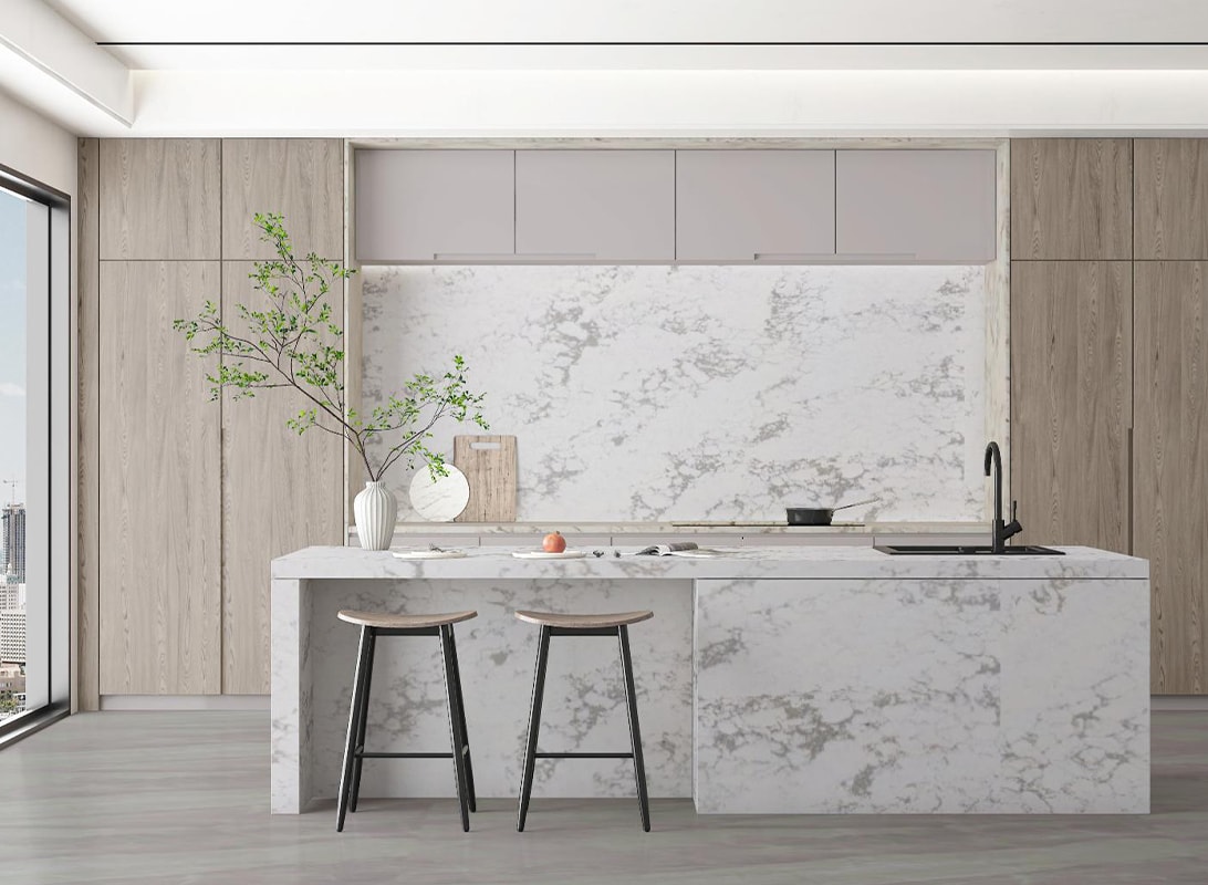 Carrara Mist Quartz Slab HF-668: Ethereal Cloud-Like Elegance for Modern Kitchen & Bathroom Countertops – Redefine Your Space with Subtle Sophistication - Image 4